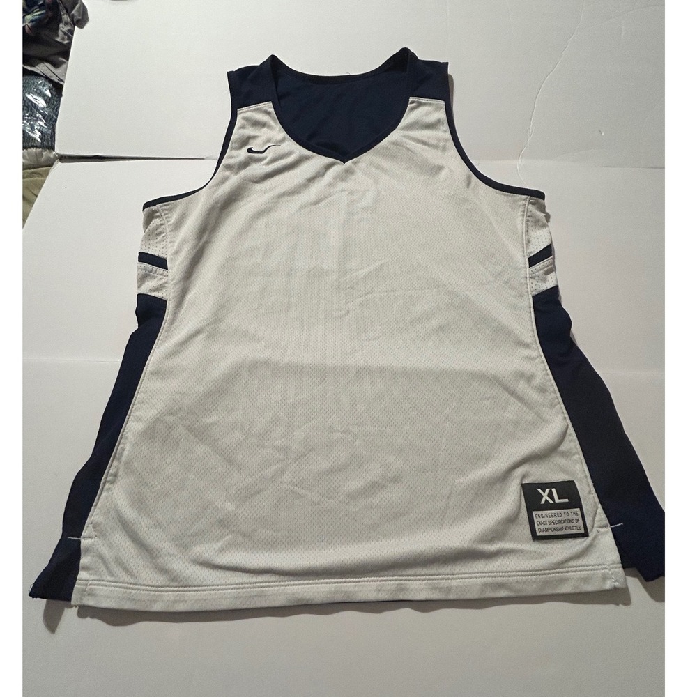 Nike Mens Basketball Jersey White Navy Blue Mesh Tank XL